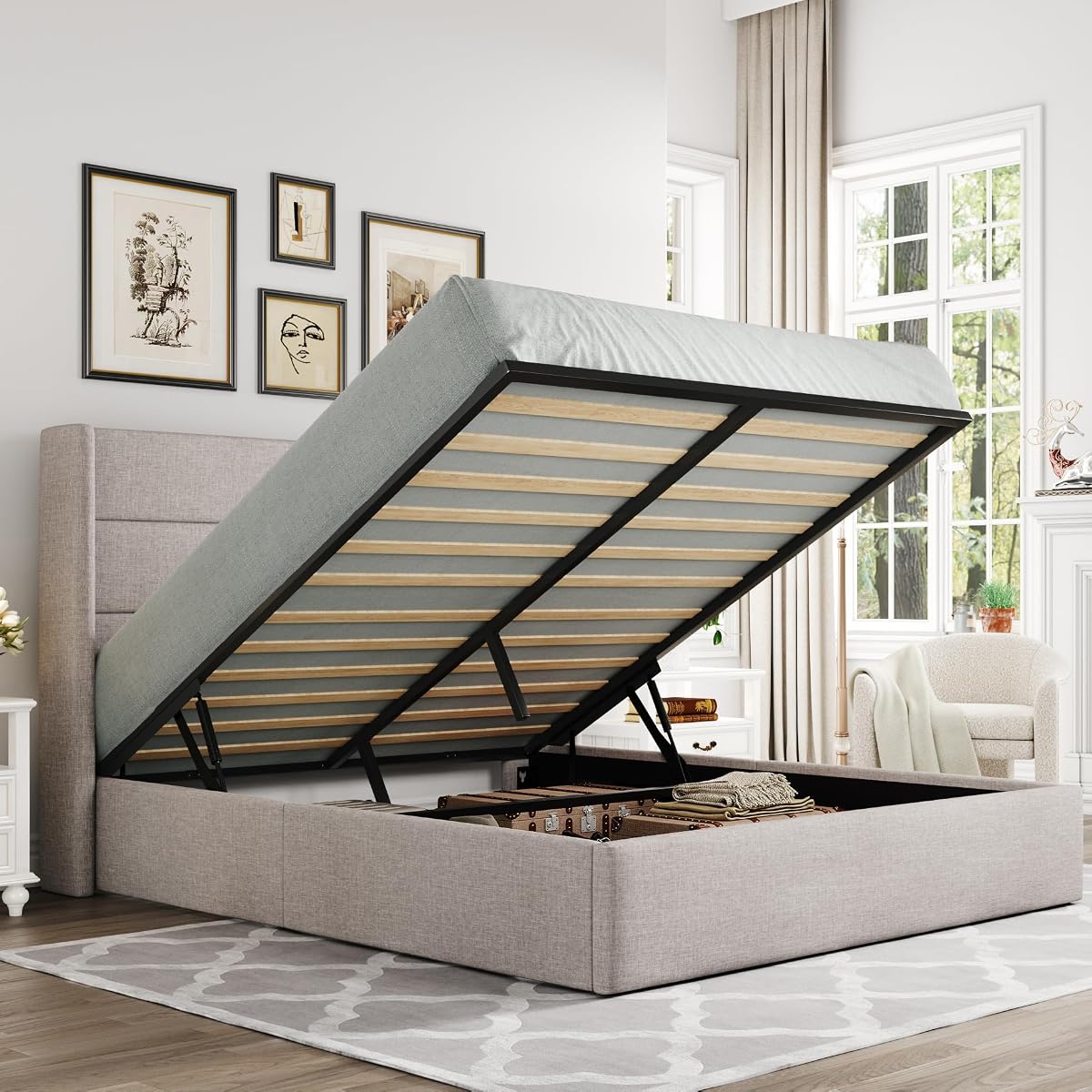 Queen Size Lift Up Storage Bed, Modern Wingback Headboard, Hydraulic Support, No Box Spring Needed, Light Beige