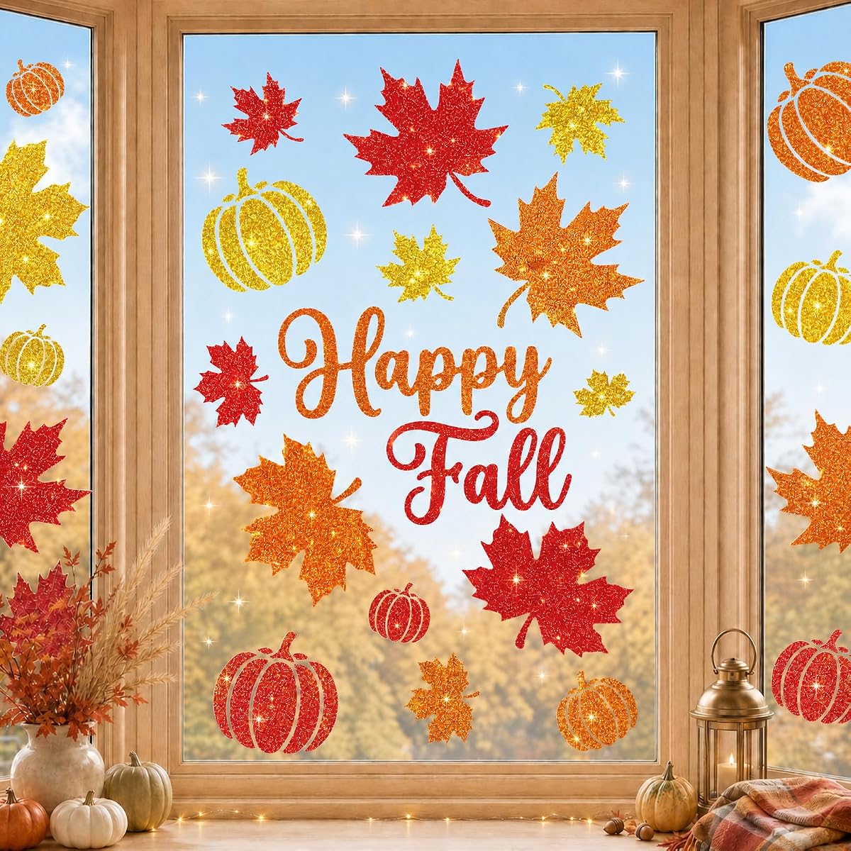 Glitter Fall Window Clings Autumn Thanksgiving Window Stickers Decals Decor