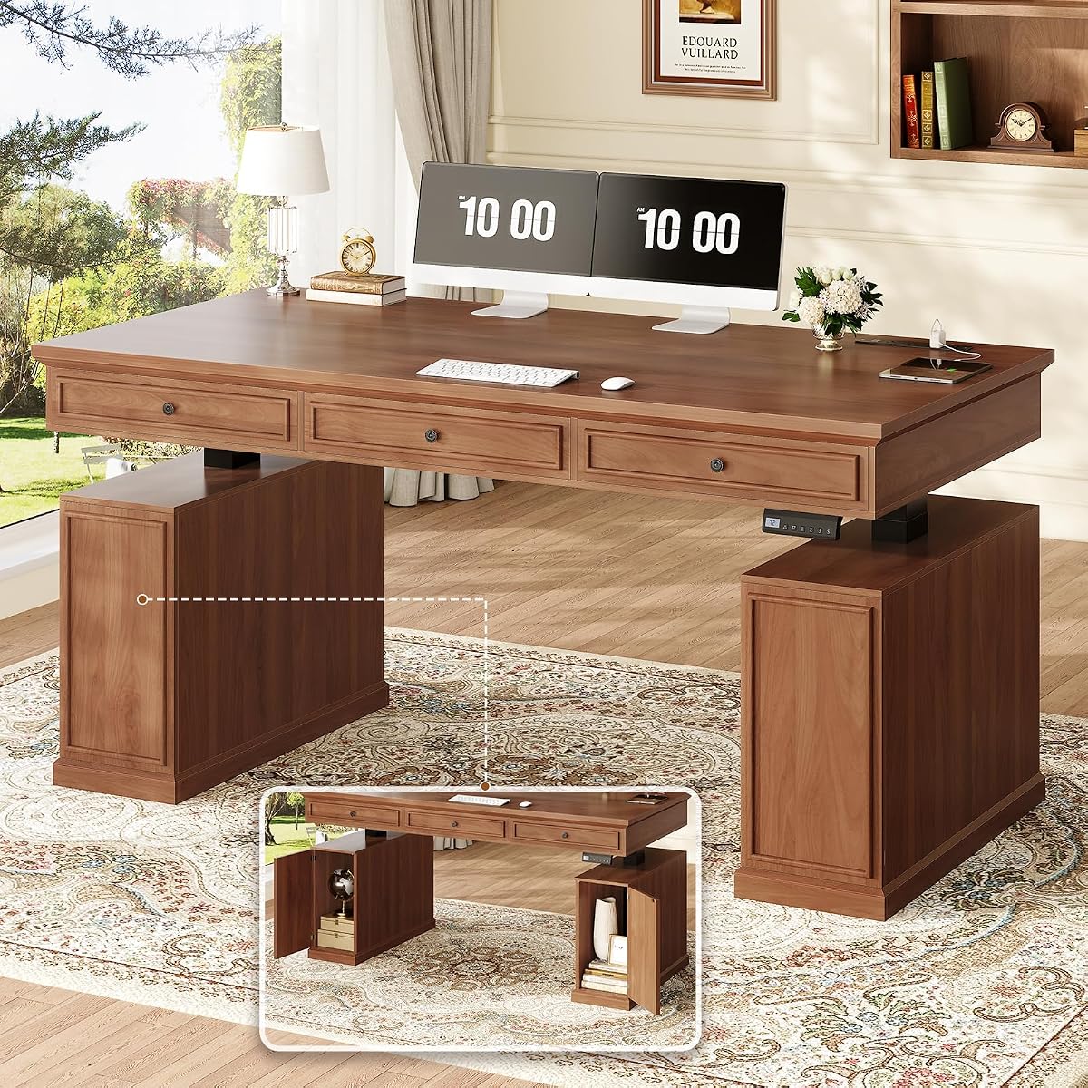 55.1" Farmhouse Executive Electric Standing Desk with 3 Drawers