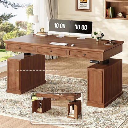 55.1" Farmhouse Executive Electric Standing Desk with 3 Drawers