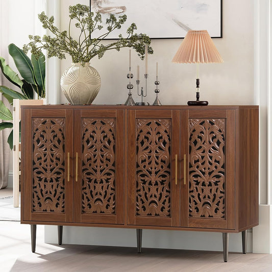 47.8" Accent Cabinet with 4 Doors, Vintage Hollow Carving Buffet Cabinet, Sideboards and Buffets with Storage, Credenza for Living Room, Kitchen, Dining Room, Entryway, Hallway, Brown