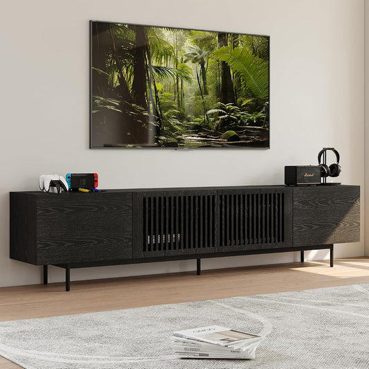 Full Assembled Mid-Century Modern TV Stand with Slatted Doors, Wood Media Console for 80 85+ Inch TV, TV Console with Tall-cast Metal Legs, Entertainment Center with Storage for Living Room