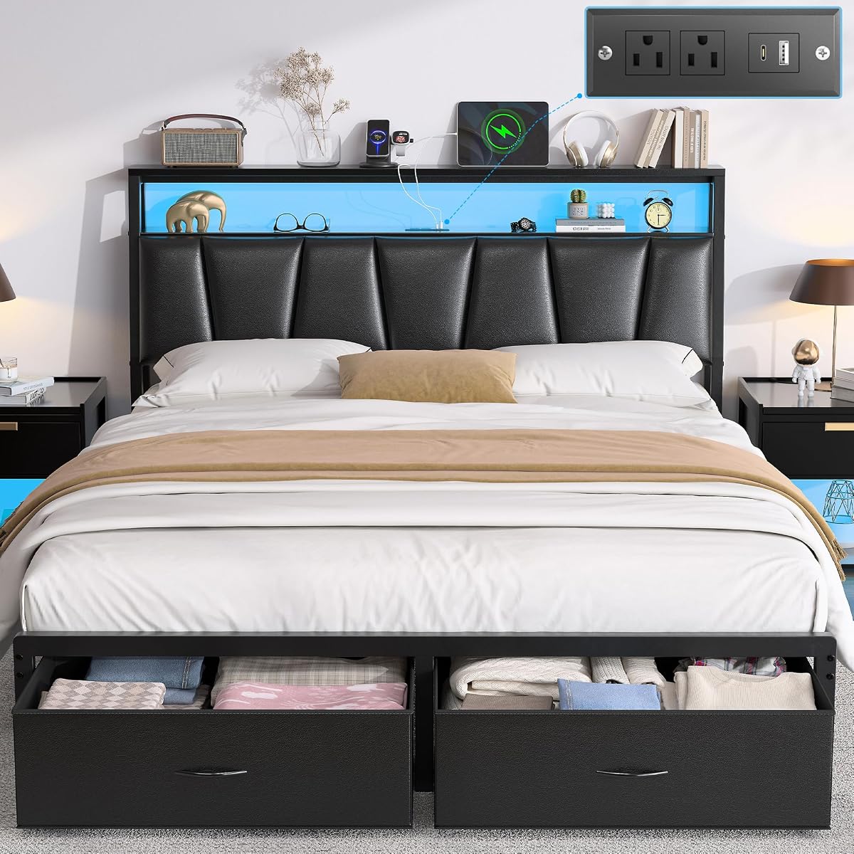 Queen Bed Frame with 2-Tier Storage Headboard and 2 Drawers,Black
