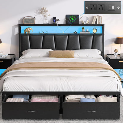 Queen Bed Frame with 2-Tier Storage Headboard and 2 Drawers,Black