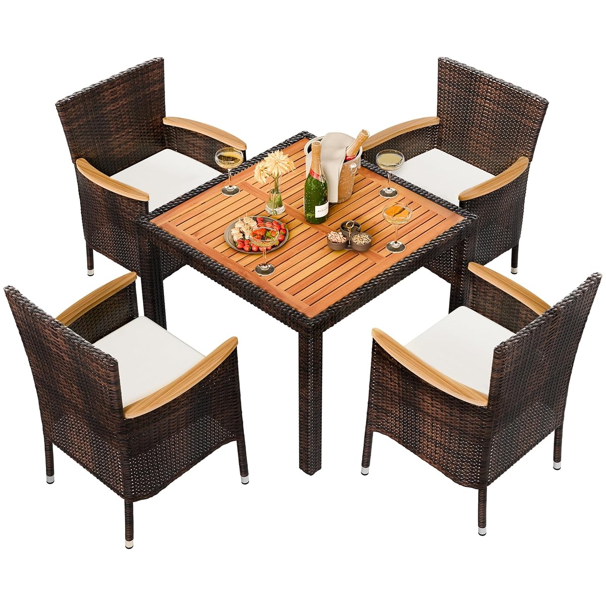5 PCS Patio Dining Set, Wicker Outdoor Table and Chairs with Soft Cushions, Patio Furniture Set with Wood Table Top for Backyard, Deck and Garden, Brown Rattan