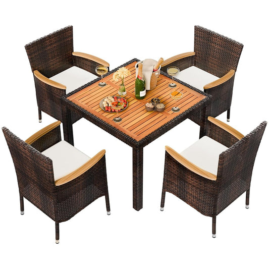 5 PCS Patio Dining Set, Wicker Outdoor Table and Chairs with Soft Cushions, Patio Furniture Set with Wood Table Top for Backyard, Deck and Garden, Brown Rattan