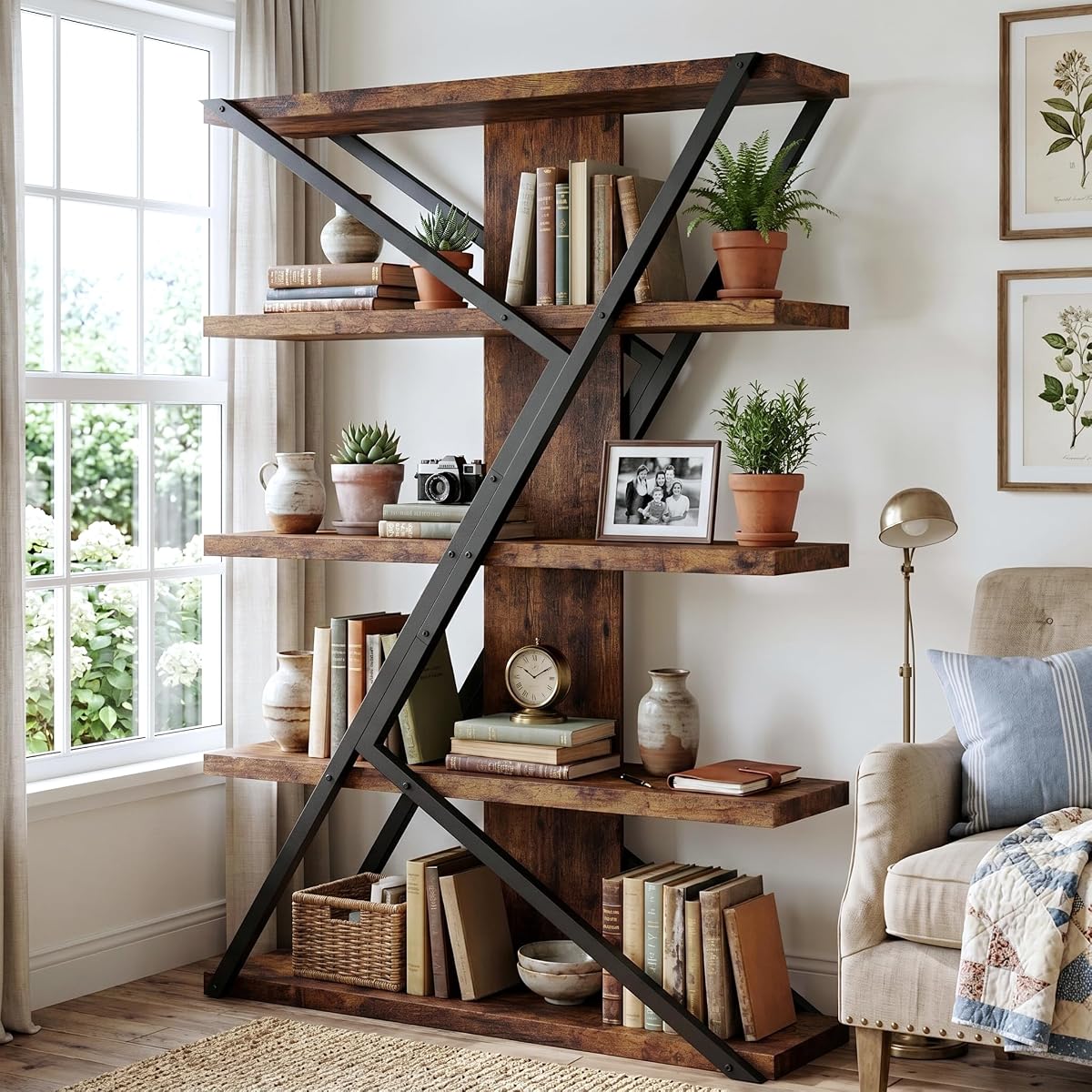 5-Tier Industrial Bookshelf, Tall Wood and Metal Bookcase,Brown
