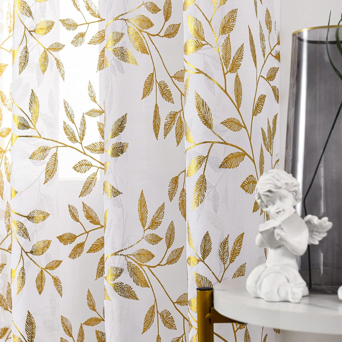 Sheer Curtains 63 Inch Length 2 Panels, Gold Foil Metallic Vine Leaves Print Window Treatments for Kitchen Living Room, Luxury Bronzing Privacy Drapes, Rod Pocket, 52" W x 63" L, White