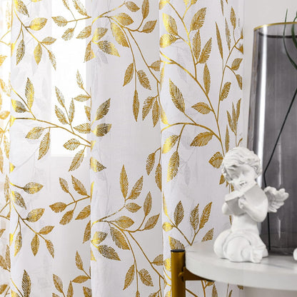 Sheer Curtains 63 Inch Length 2 Panels, Gold Foil Metallic Vine Leaves Print Window Treatments for Kitchen Living Room, Luxury Bronzing Privacy Drapes, Rod Pocket, 52" W x 63" L, White