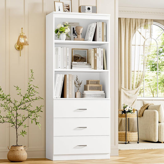 71" H White Bookshelf with Drawers, Bookshelf and Bookcase with 3-Tier Open Shelves, Tall Bookshelf Tall Storage Cabinet for Home Office