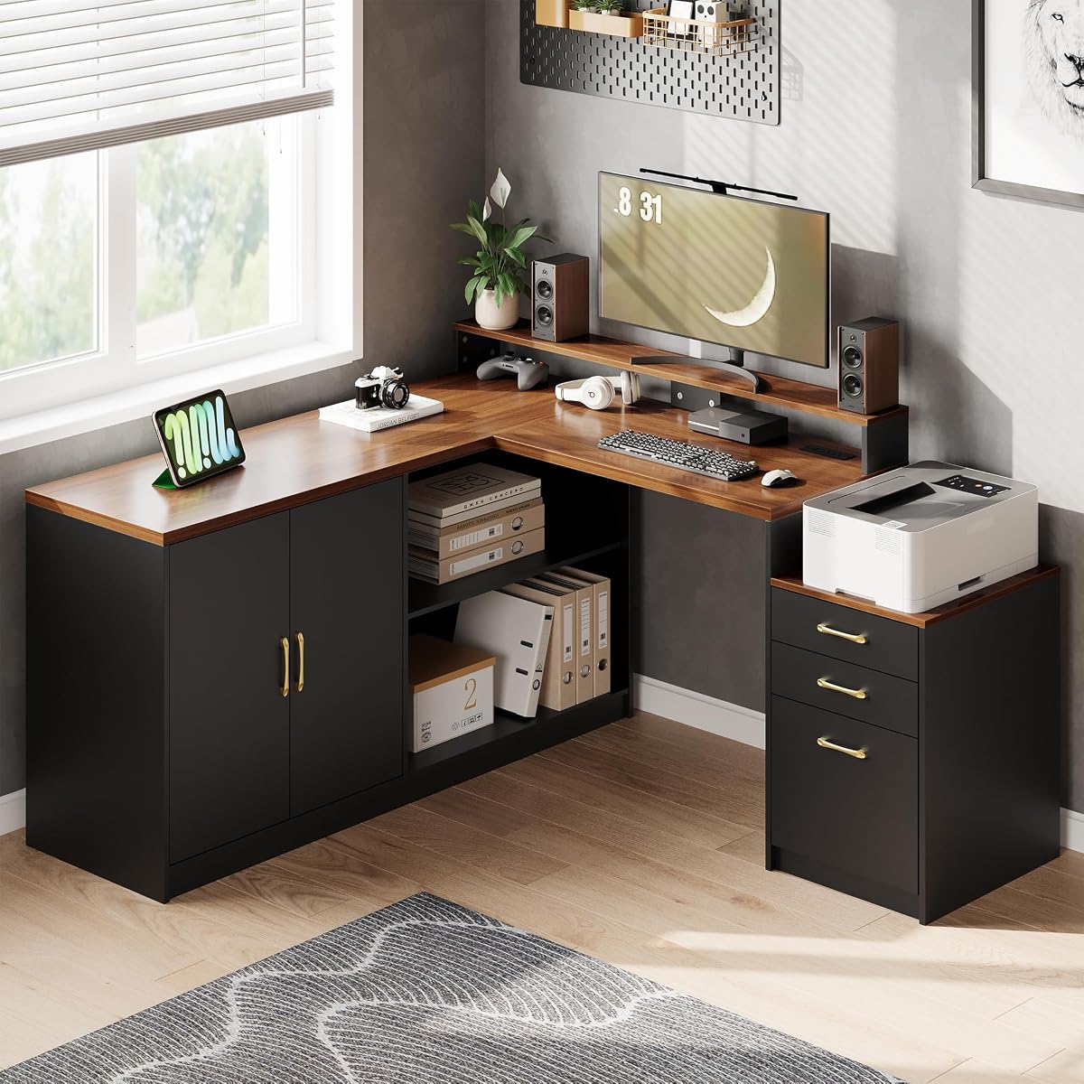 L Shaped Executive Desk with Storage Cabinet and Power Outlet, Office Desk