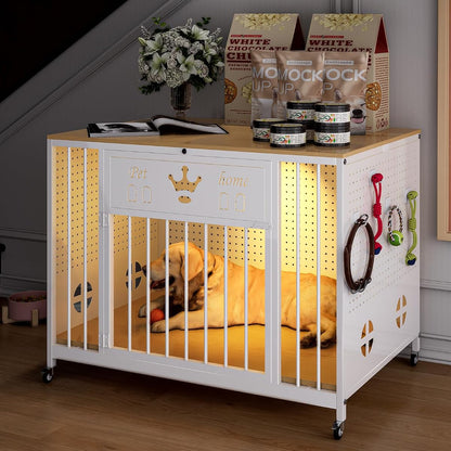 31.5" Iron Pegboard Dog Crate Furniture with Solid Wooden Top & RGB Lights