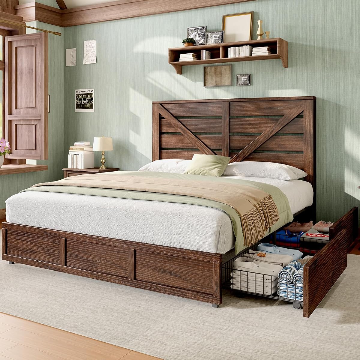 King Size Farmhouse Storage Bed Frame with Headboard & 4 Drawers
