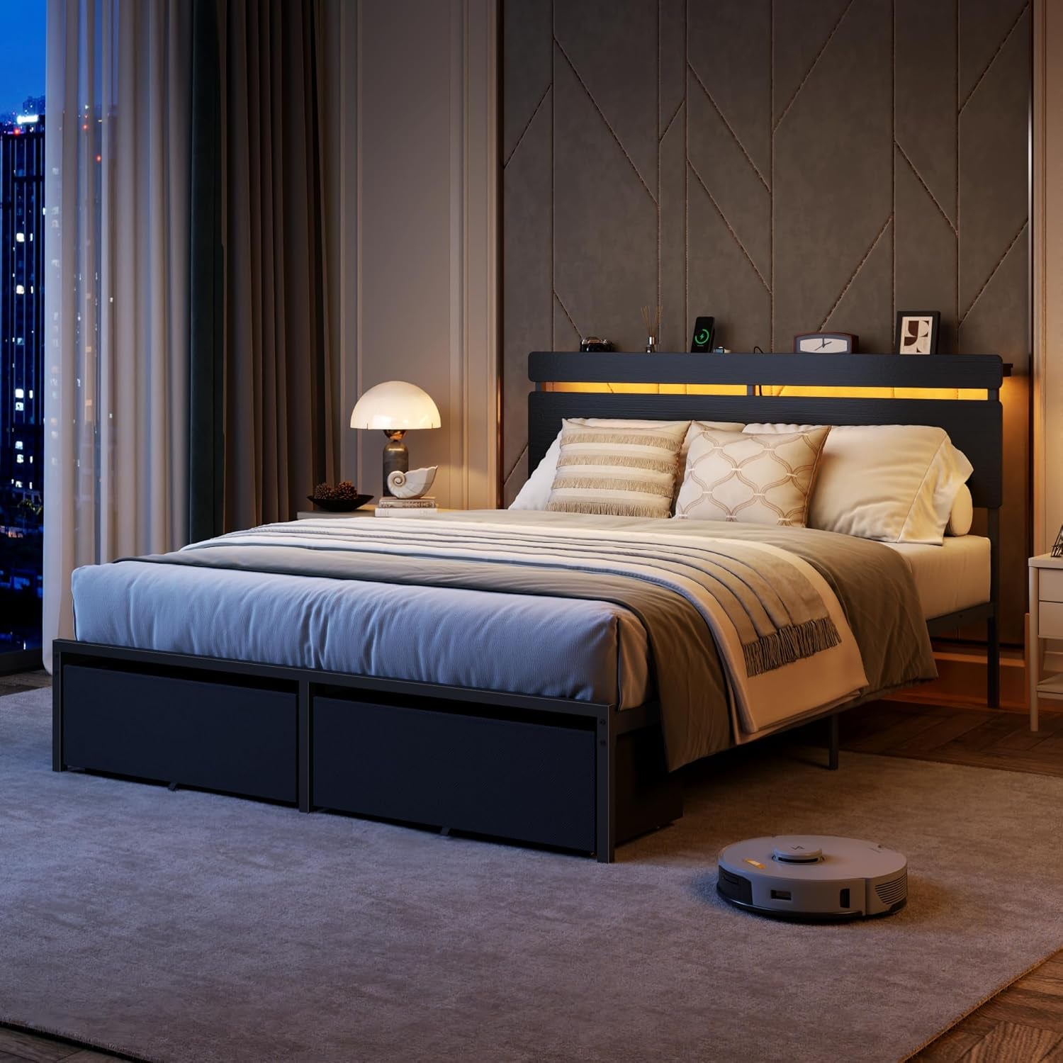 Queen Bed Frame with Wood Headboard, Black Platform Bed with 2 Storage Drawers & Shelf, Built-In Charging Station & LED Lights, Metal Support, No Box Spring Needed, Cama Queen Size