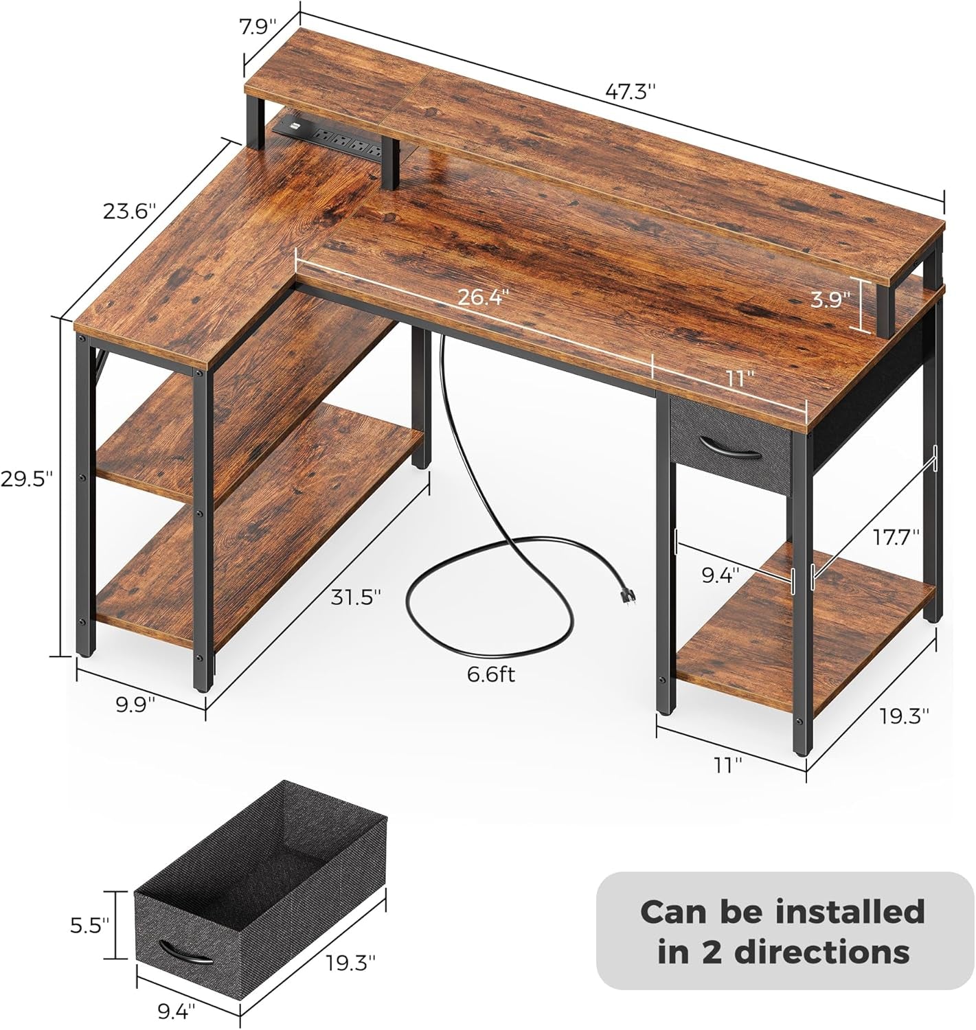 53 Inch Reversible L Shaped Desk with LED Lights & Power Outlets, Computer Desk with Shelves & Monitor Stand, Gaming Desk with Drawer, Home Office Desk Corner Desk, Black