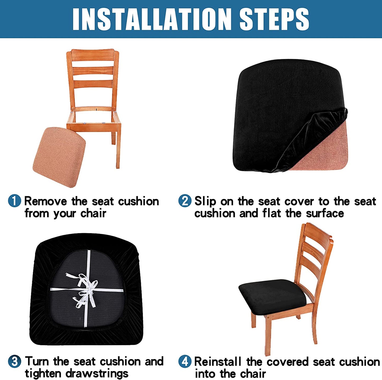 Velvet Seat Covers for Dining Room Chair Set of 4, Stretch Fit Removable Washable Chair Seat Cushion Protector Slipcovers with Ties, Black