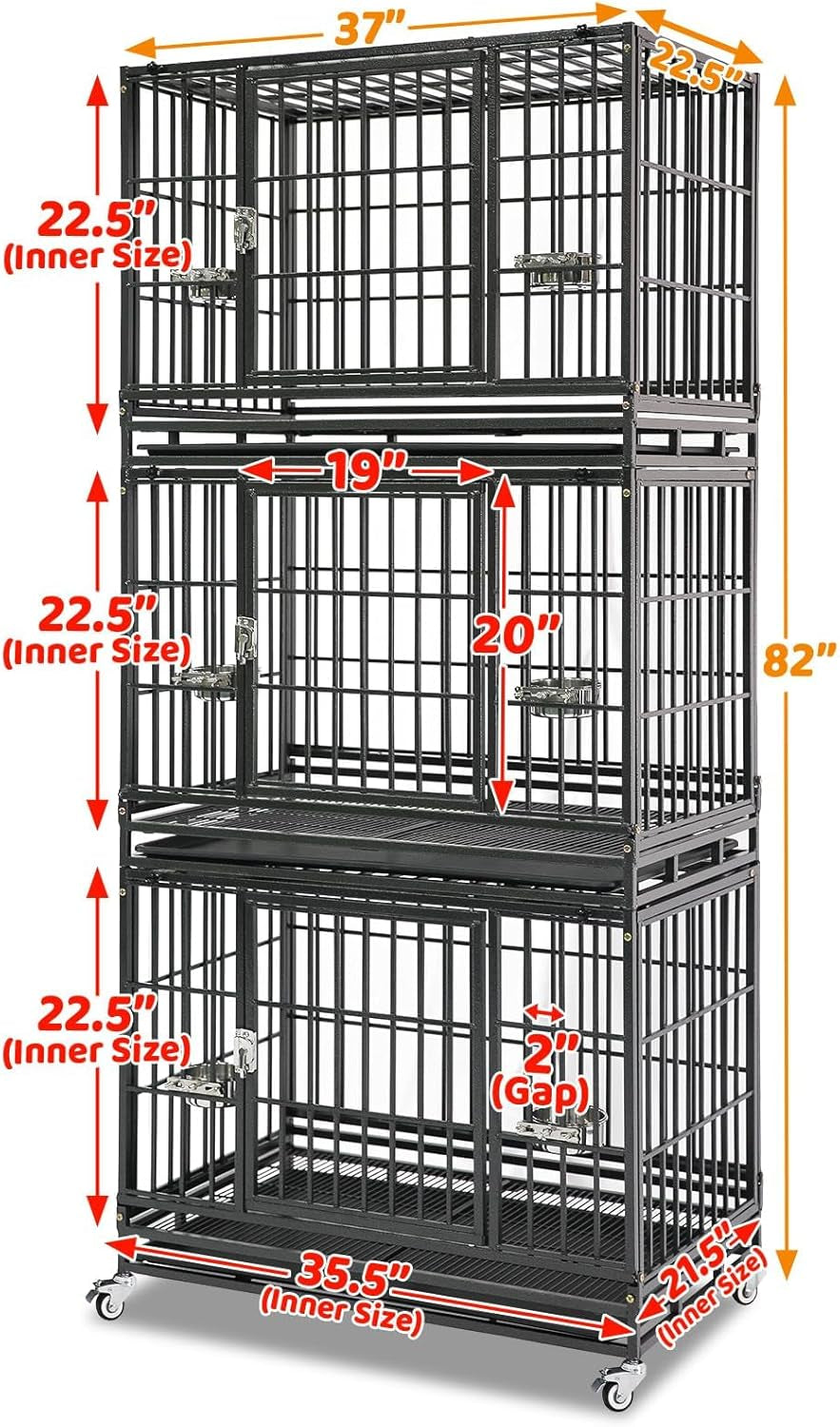 Three Tiers 37 Inch Dog Crate, Escape Proof Dog Cage Kennel Indoor with Top Access and Lockable Wheels, Removable Tray, Heavy Duty Dog Crates for Medium/Small Dogs