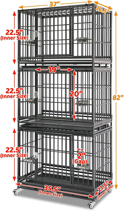 Three Tiers 37 Inch Dog Crate, Escape Proof Dog Cage Kennel Indoor with Top Access and Lockable Wheels, Removable Tray, Heavy Duty Dog Crates for Medium/Small Dogs