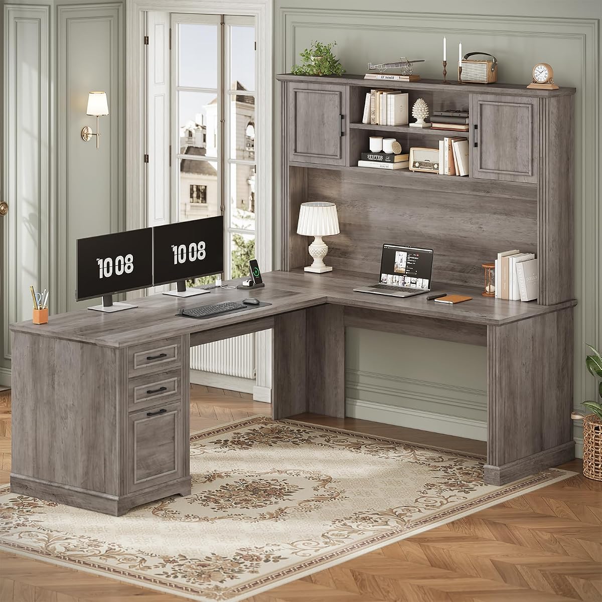 Farmhouse L Shaped Desk with Hutch and 3 Drawers