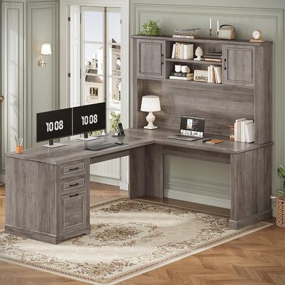 Farmhouse L Shaped Desk with Hutch and 3 Drawers