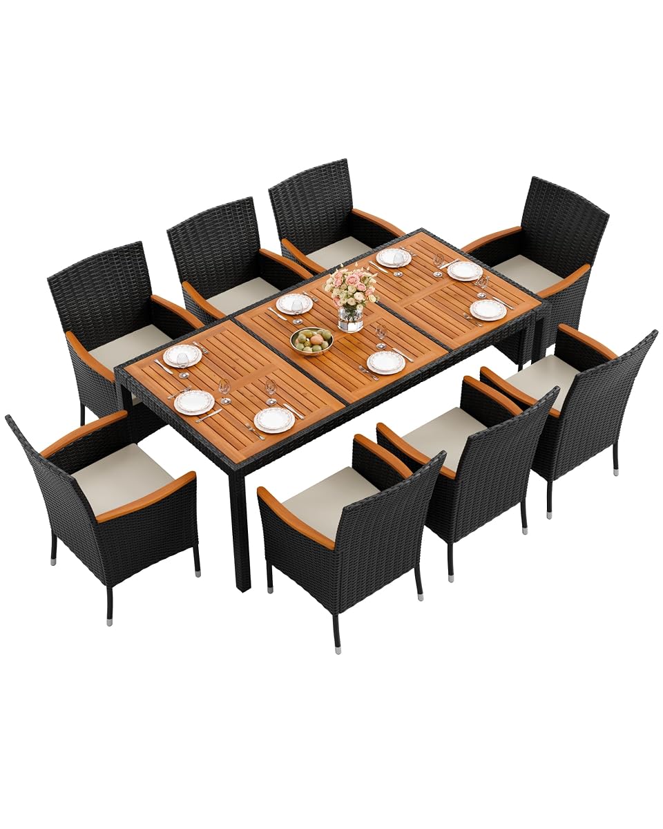 9 Piece Patio Dining Set Outdoor Acacia Wood Table and Chairs with Soft Cushions Wicker Patio Furniture for Deck, Backyard, Garden