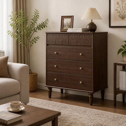 Solid Wood Nightstand, 5 Drawer Walnut Side Table