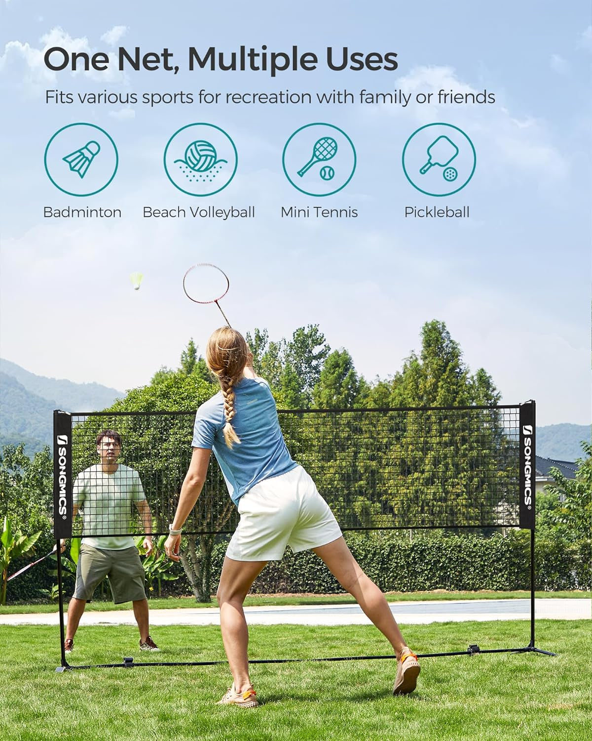 Badminton Net, Height Adjustable Volleyball Net, Pickleball Net for Junior Tennis, Kids, Indoor Outdoor Court, Foldable Nylon Net with Poles 10Ft/13Ft/16.5Ft Wide