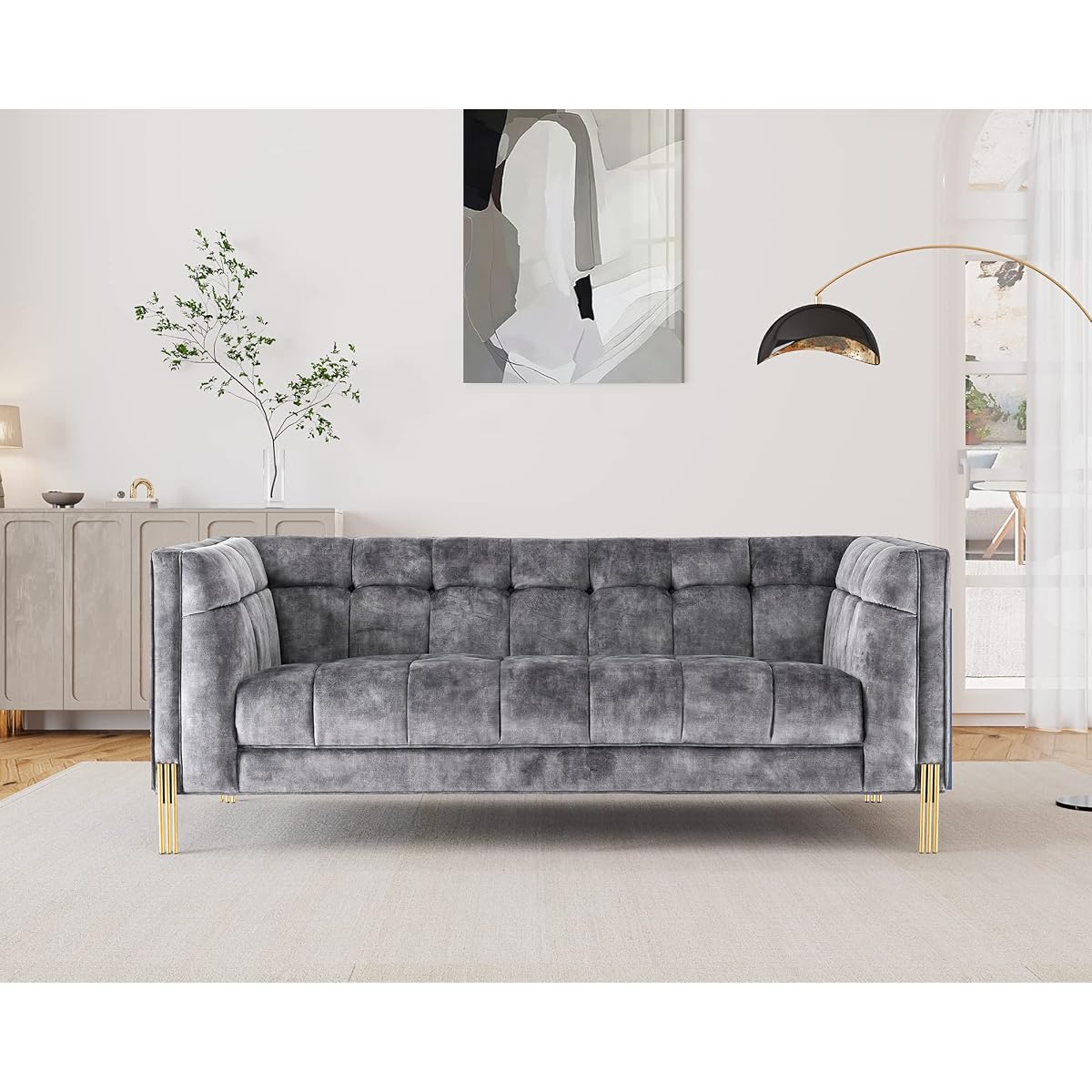 Luxury Modern Mid-Century Square Tufted Velvet Small Sofa for Living Room Bedroom Furniture, 74”W Loveseat, Deep Grey