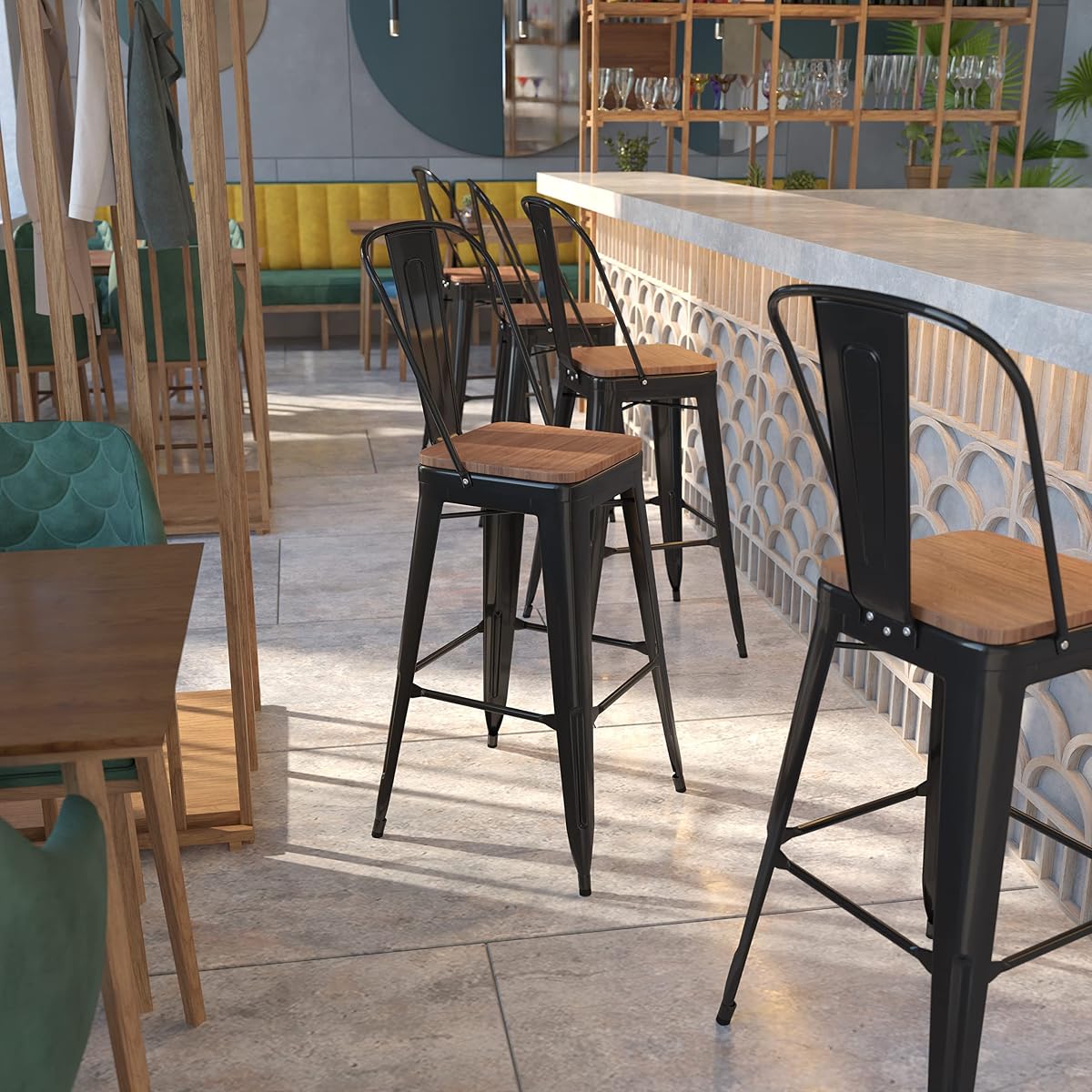 Lily 30" High Black Metal Barstool with Vertical Slat Back and Wood Seat