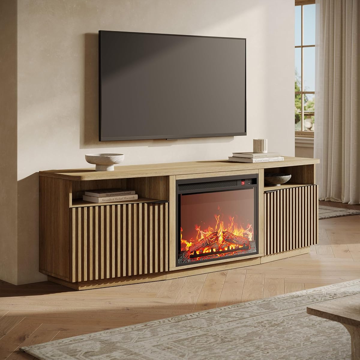 Fluted TV Stand with 23" Electric Fireplace Heater with Sound