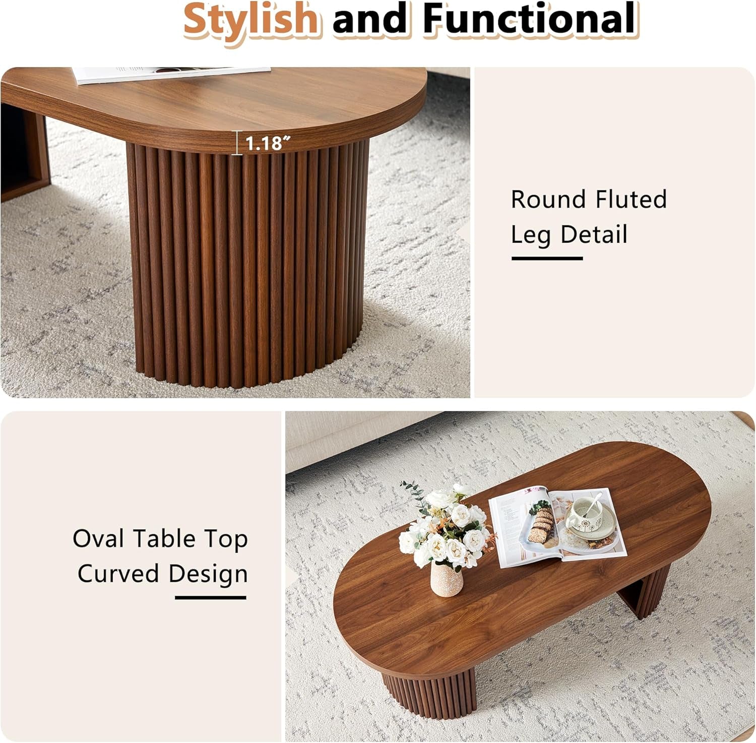 Oval Fluted Coffee Table, 47" Farmhouse Wood Coffee Table Mid Century Modern Center Table Boho Living Room Tables for Living Room Office,Walnut