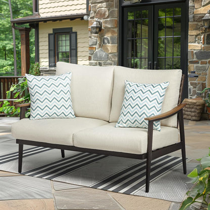 Patio Loveseat Sofa Outdoor Furniture Metal Chair with Wicker Backrest & 6 Inches Cushion for Indoor, Front Porch, Deck, Balcony, Backyard, 51.77"(L) x 29.75"(W) x 33.86"(H).