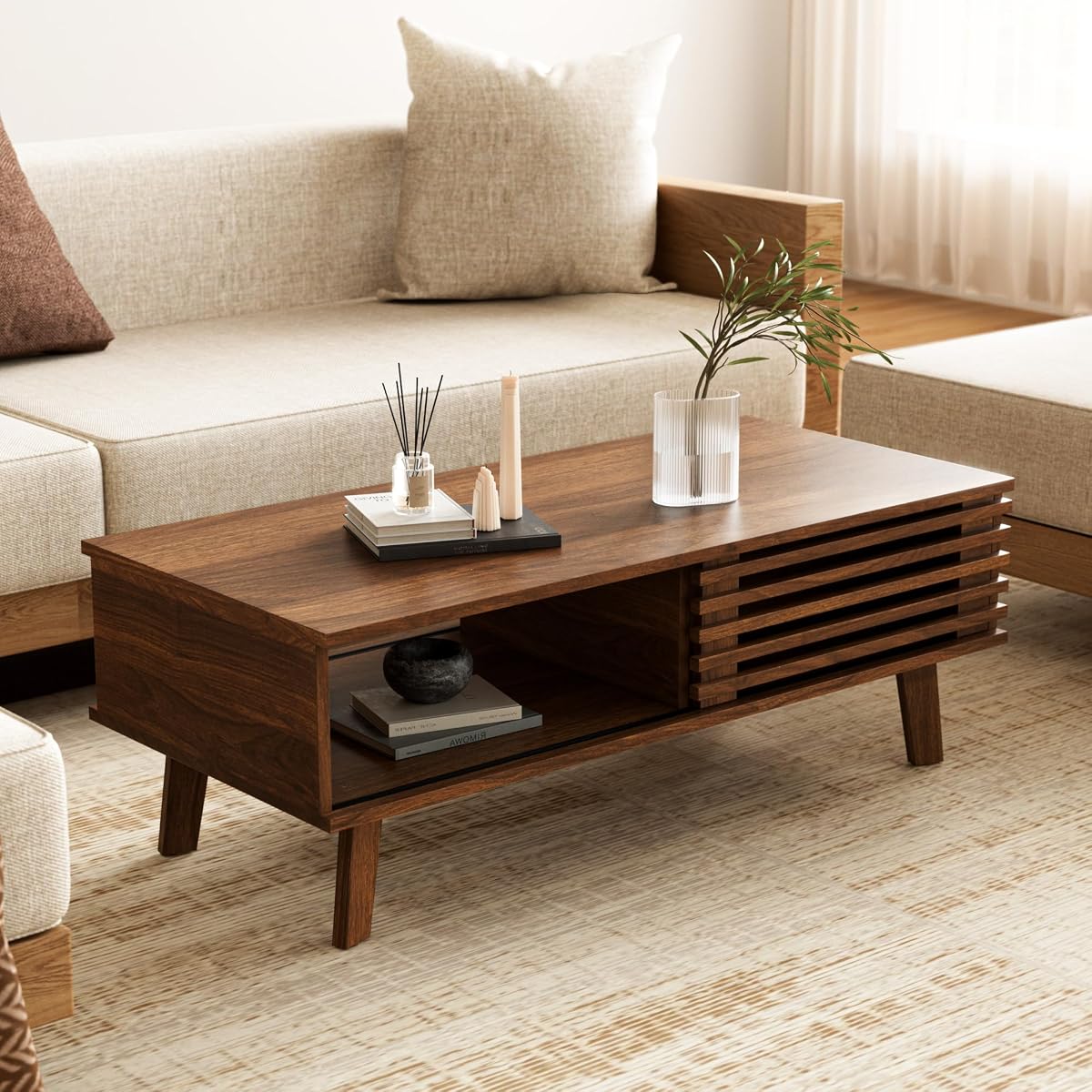 Mid Century Modern Coffee Table, Wood Coffee Table with Storage, Farmhouse Table for Living Room, Apartment, Walnut