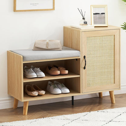 GAOMON 2-in-1 Natural Rattan Shoe Storage Bench with Upholstered, Shoe Cabinets with Adjustable Shelf, Home Entrance Shoe Rack for Hallway Living Room Bedroom Dorm and Small Apartment