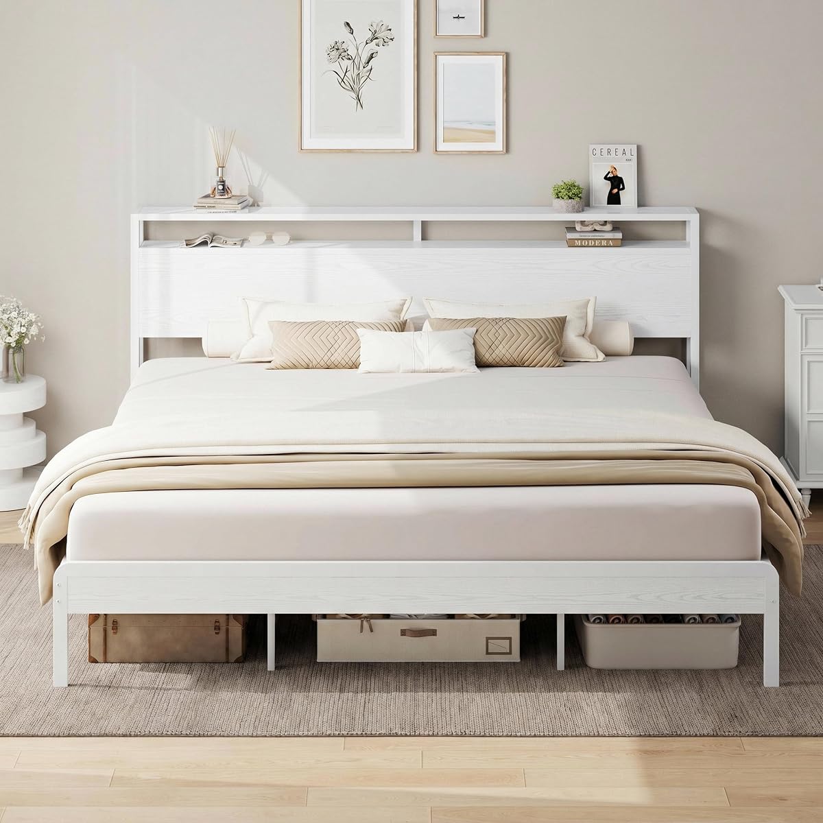 King Size Bed Frame with 2-Tier Storage Shelf Headboard
