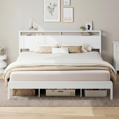 King Size Bed Frame with 2-Tier Storage Shelf Headboard