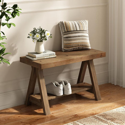 Solid Wood Bench, 30" Farmhouse Entryway Bench with Shoe Storage