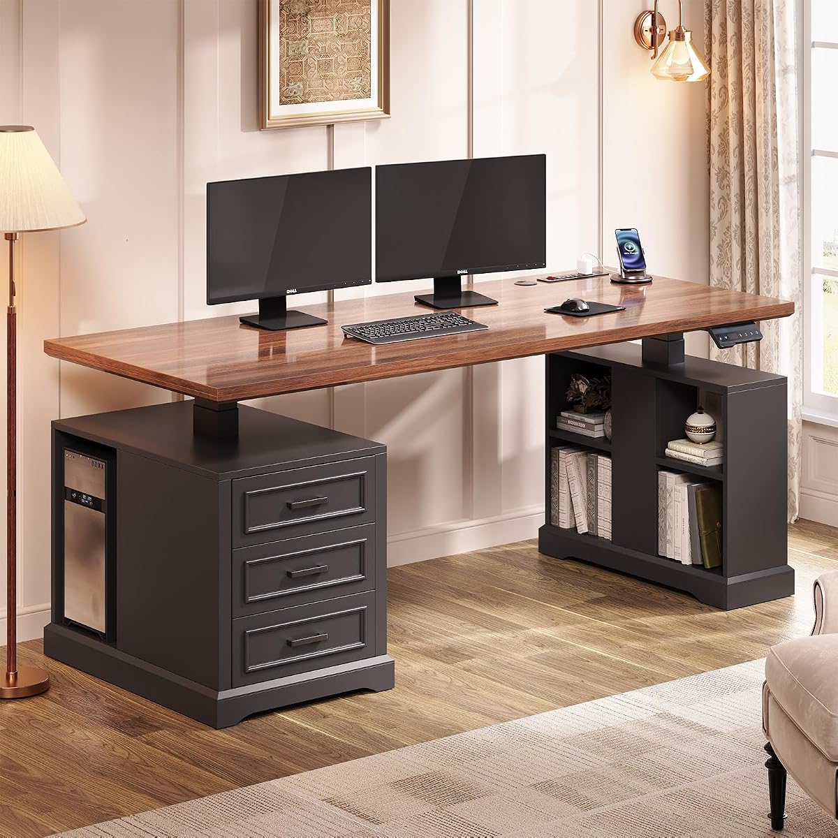63" Farmhouse Electric Standing Desk with 3 Drawers, Storage Shelves