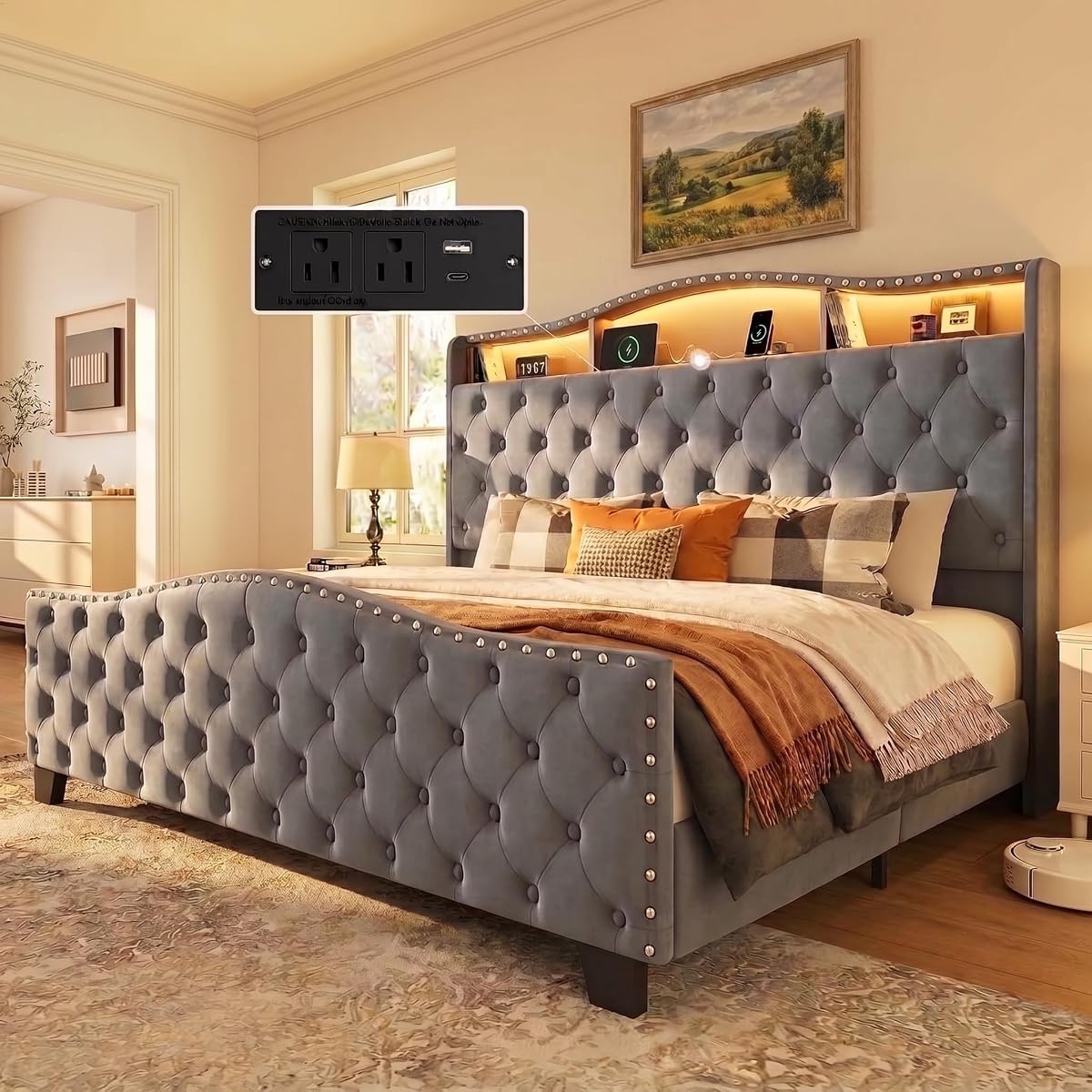 Platform Bed Frame with 50.9" LED Headboard, King Grey