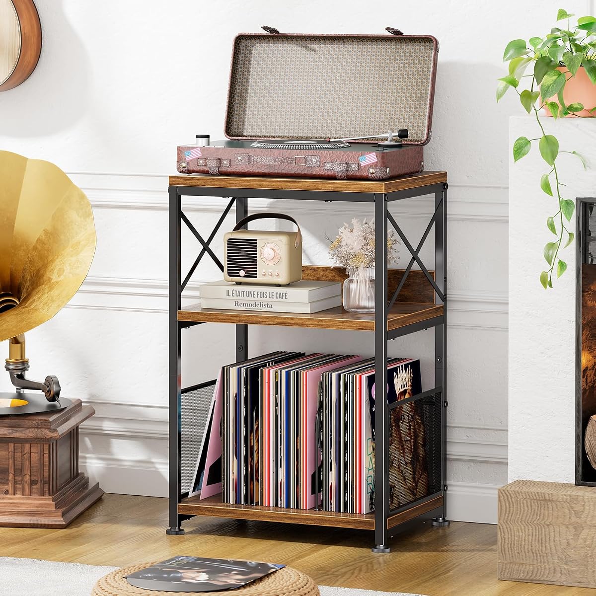 Record Player Stand, Turntable Stand with Vinyl Storage Holds Up to 200 Albums, Record End Table for Living Room, Rustic Brown