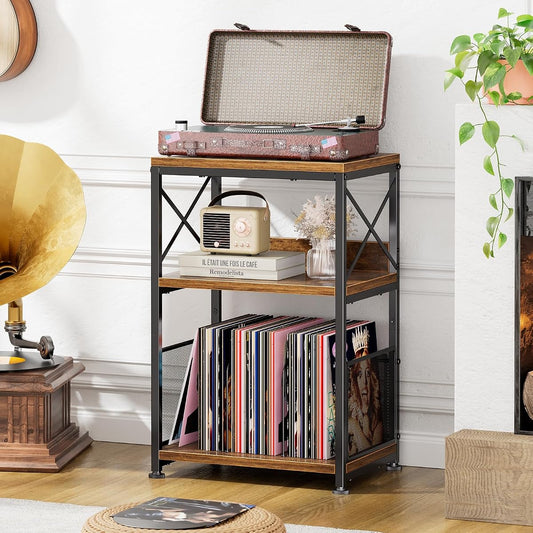 Rustic brown record player stand end table with vinyl storage
