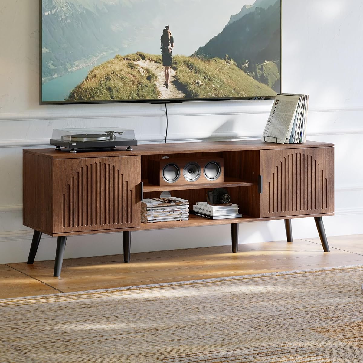 TV Stand with Open Shelves for 55/60 Inch TVs, Mid Century