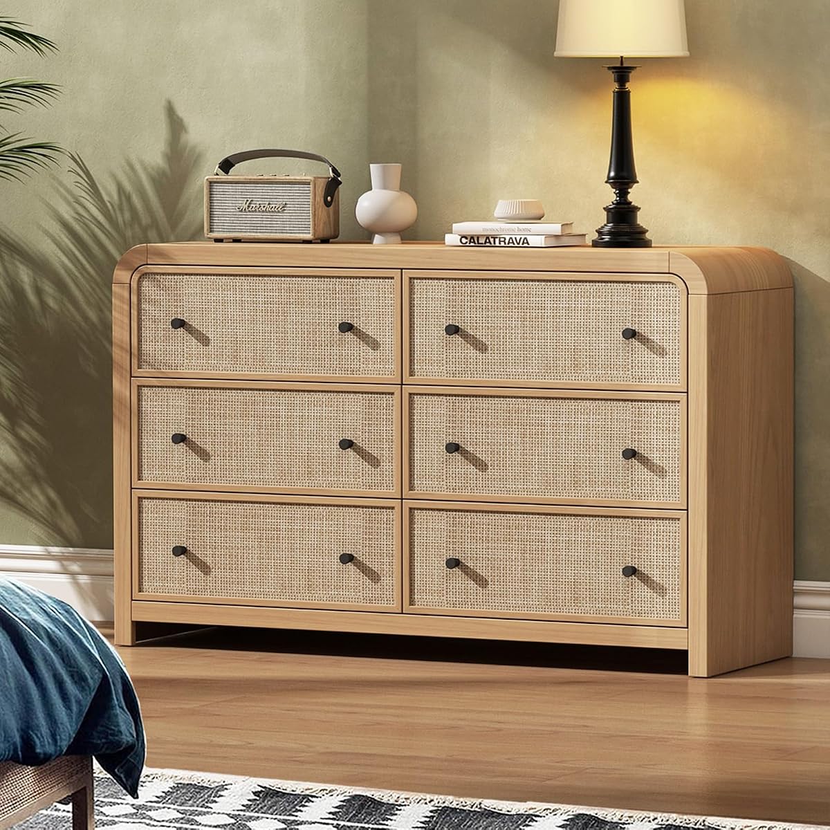 6 Drawer Dresser for Bedroom, 49'' Rattan Dresser with Ample Storage, Boho Chest of Drawers, Thickened Curved Profile Design, Oak Dressers for Bedroom, Living Room