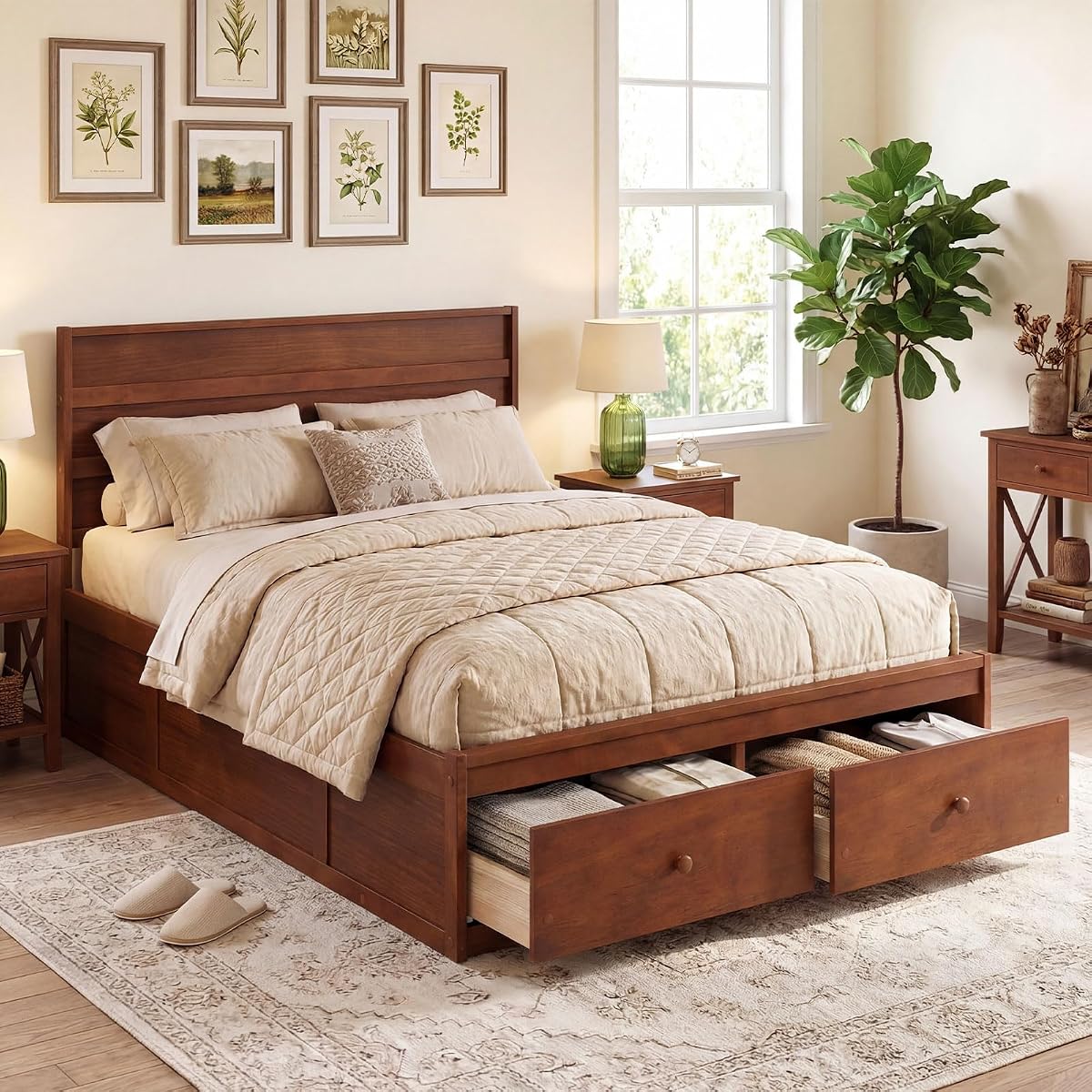Full Size Bed Frame with Storage Drawers, Wood Platform Bed with Headboard