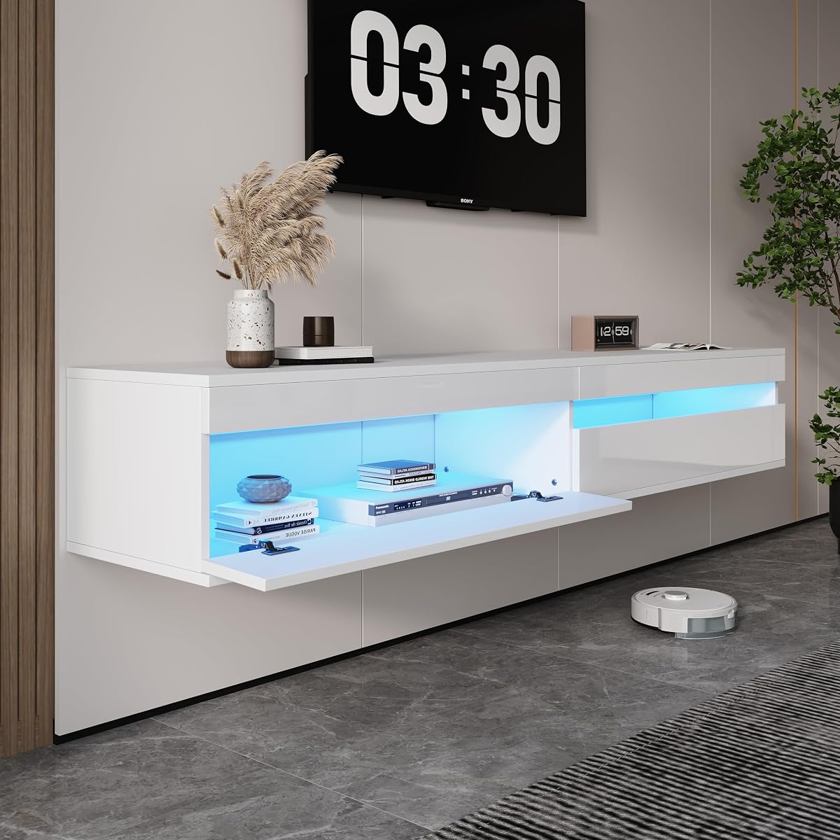 Solid Wood Floating TV Stand with LED Lighting & Power Outlet