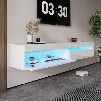 Solid Wood Floating TV Stand with LED Lighting & Power Outlet