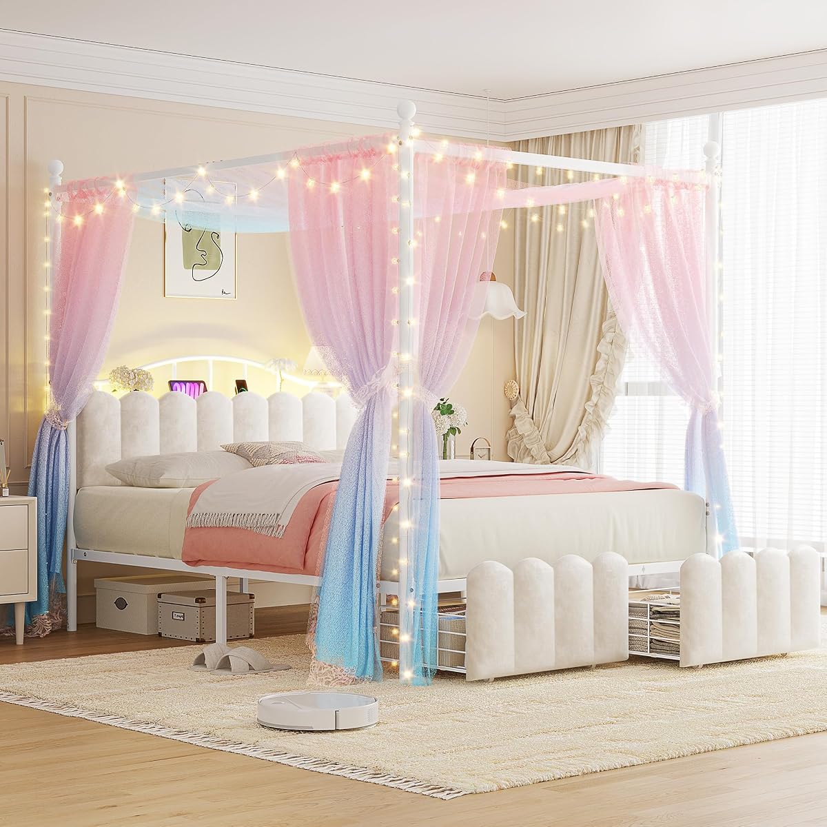 Queen Size Canopy Bed Frame with 2 Drawers and LED & Charging,White
