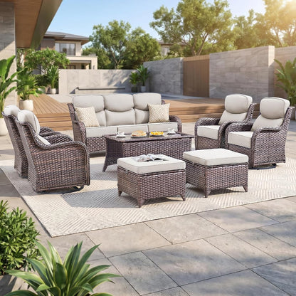 Luxury Swivel Rocker Chair Sofa Set with 6" Thick Cushions,8-Piece Wicker Patio Chair with Coffee Table and Ottoman,Outdoor Comfortable High Back Chair Patio Furniture Set - Brown | Beige