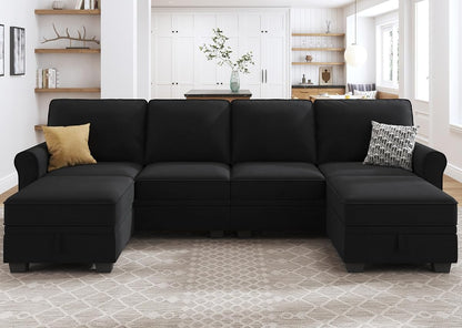 Sectional Sofa with Storage Seat Velvet U Shaped Couch with Reversible Chaise Convertible Sectional Couches for Living Room,Black Velvet