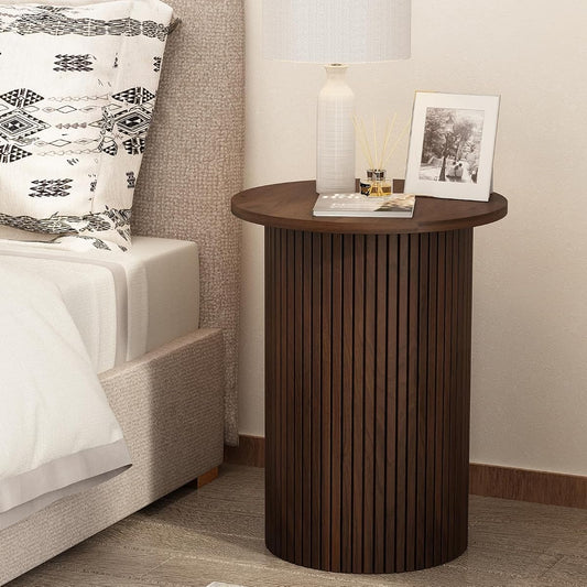 Round Fluted End Table, Small Accent Pedestal Side Table, Wood Fluted Nightstand Bedside Table for Living Room, Bedroom, Handcrafted Finish, Brown